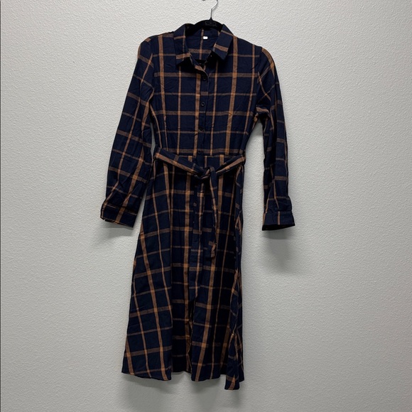 NWOT Navy and Orange Plaid Midi Dress with Belt, Multiple Sizes - Picture 7 of 11